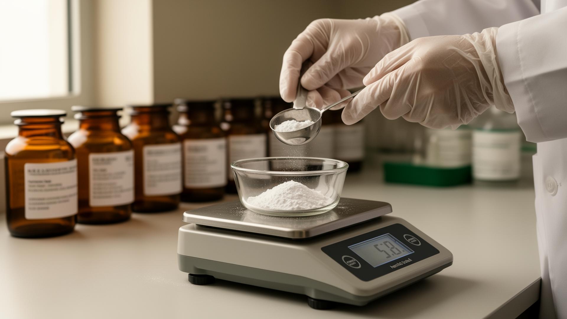 Pharmacist weighing a single capsule on a precision analytical scale