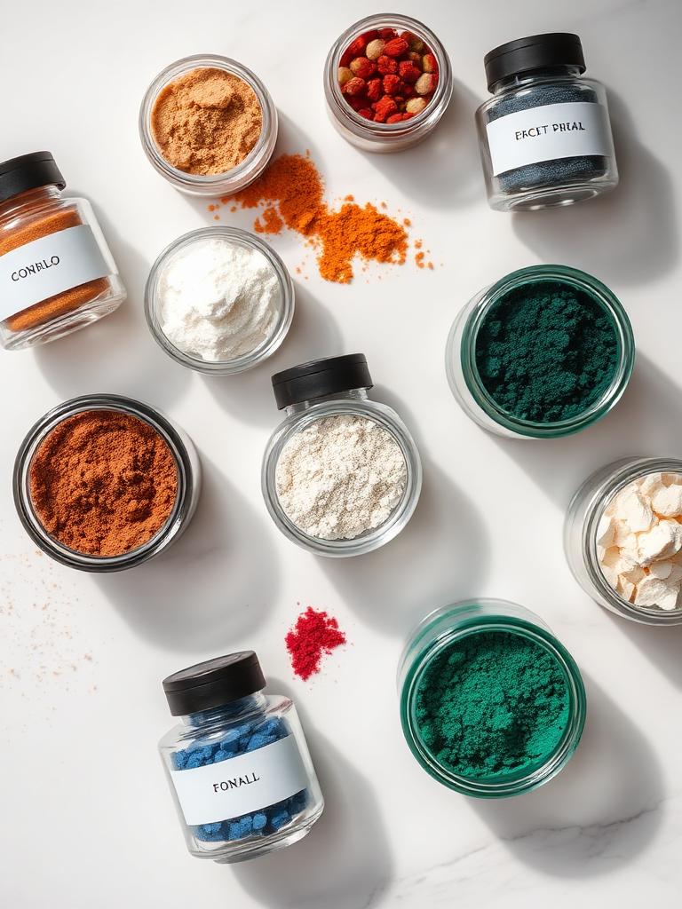 Ingredient jars laid out for individualized formulation